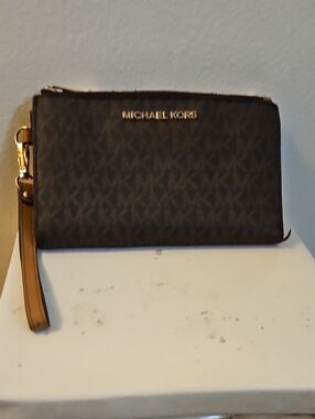 Michael Kors Tan and Brown Signature Phone Wristlet